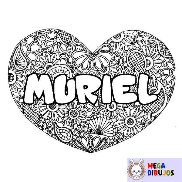 Coloraci&oacute;n del nombre MURIEL - decorado mandala de coraz&oacute;n