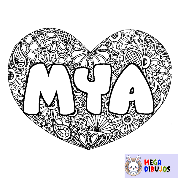 Coloraci&oacute;n del nombre MYA - decorado mandala de coraz&oacute;n