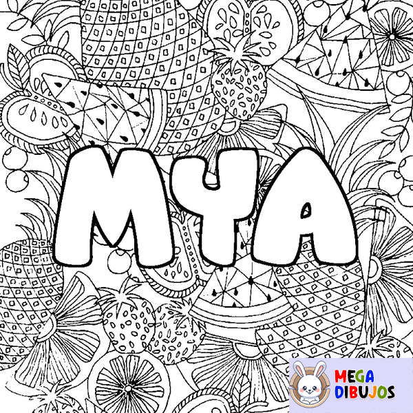 Coloraci&oacute;n del nombre MYA - decorado mandala de frutas