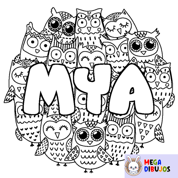 Coloraci&oacute;n del nombre MYA - decorado b&uacute;hos
