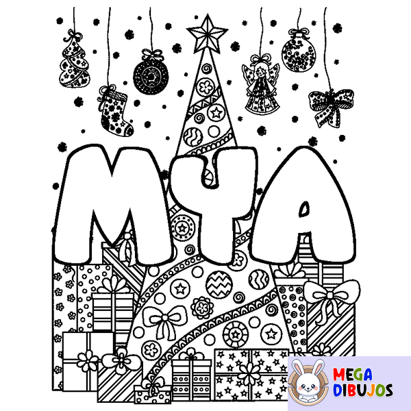 Coloraci&oacute;n del nombre MYA - decorado &aacute;rbol de Navidad y regalos