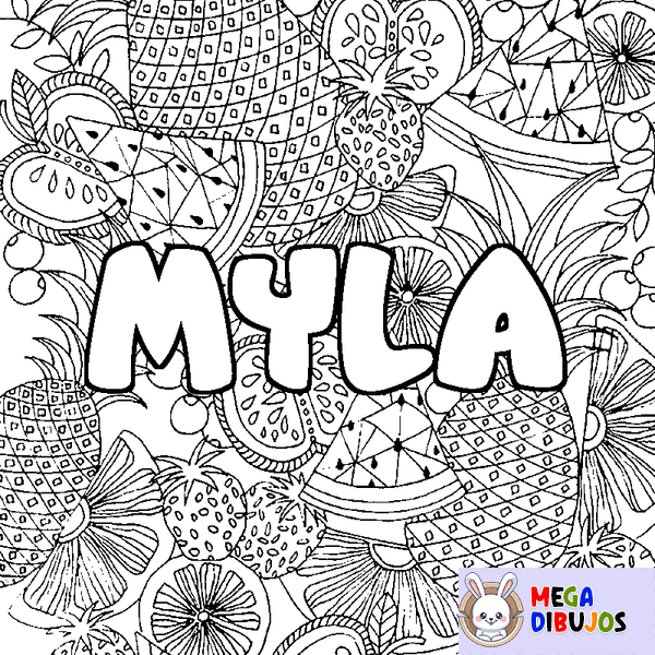 Coloraci&oacute;n del nombre MYLA - decorado mandala de frutas