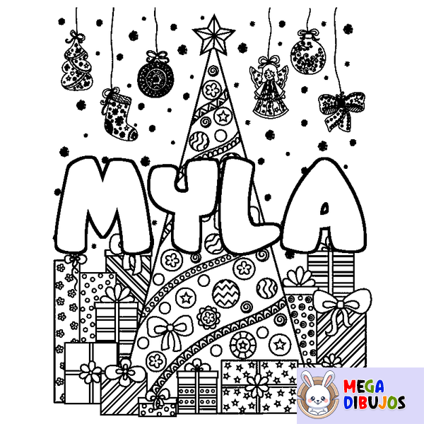 Coloraci&oacute;n del nombre MYLA - decorado &aacute;rbol de Navidad y regalos