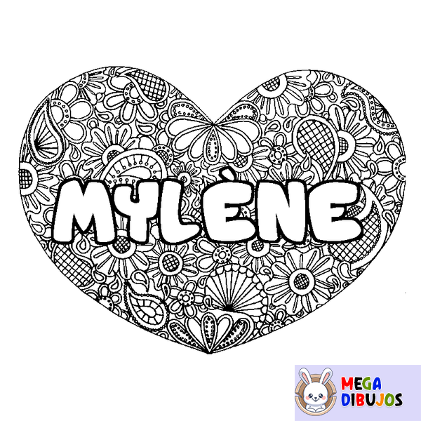 Coloraci&oacute;n del nombre MYL&Egrave;NE - decorado mandala de coraz&oacute;n