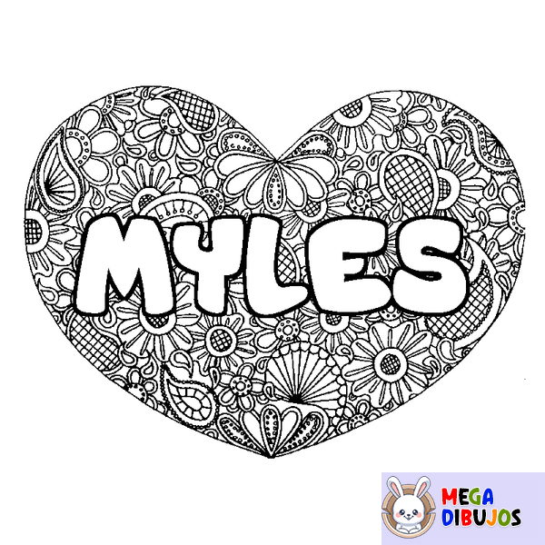 Coloraci&oacute;n del nombre MYLES - decorado mandala de coraz&oacute;n