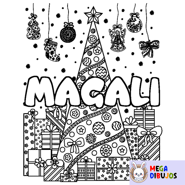 Coloraci&oacute;n del nombre MAGALI - decorado &aacute;rbol de Navidad y regalos