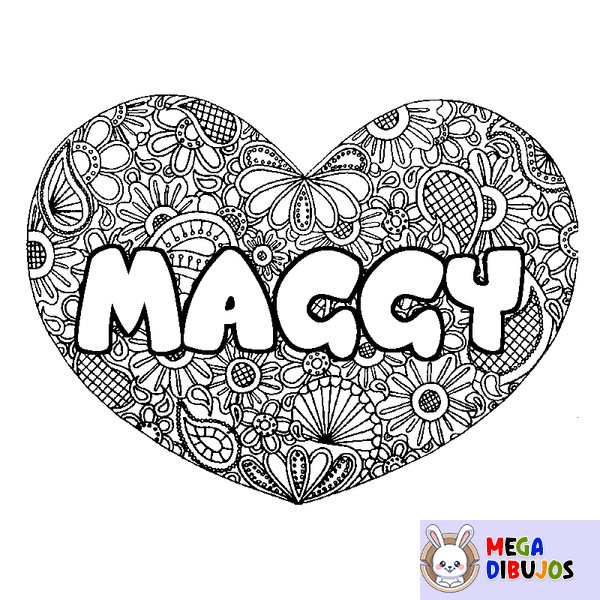 Coloraci&oacute;n del nombre MAGGY - decorado mandala de coraz&oacute;n