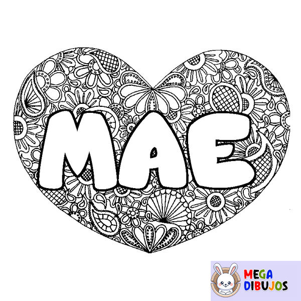 Coloraci&oacute;n del nombre MAE - decorado mandala de coraz&oacute;n