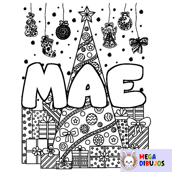 Coloraci&oacute;n del nombre MAE - decorado &aacute;rbol de Navidad y regalos