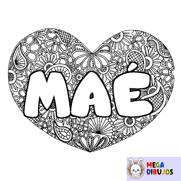 Coloraci&oacute;n del nombre MA&Eacute; - decorado mandala de coraz&oacute;n