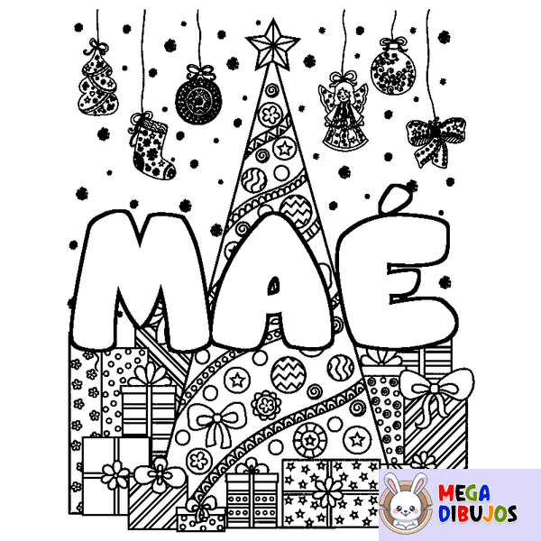Coloraci&oacute;n del nombre MA&Eacute; - decorado &aacute;rbol de Navidad y regalos
