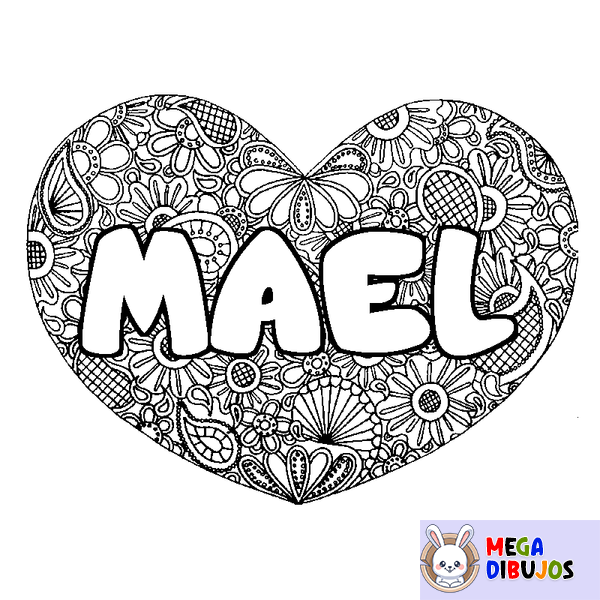 Coloraci&oacute;n del nombre MAEL - decorado mandala de coraz&oacute;n