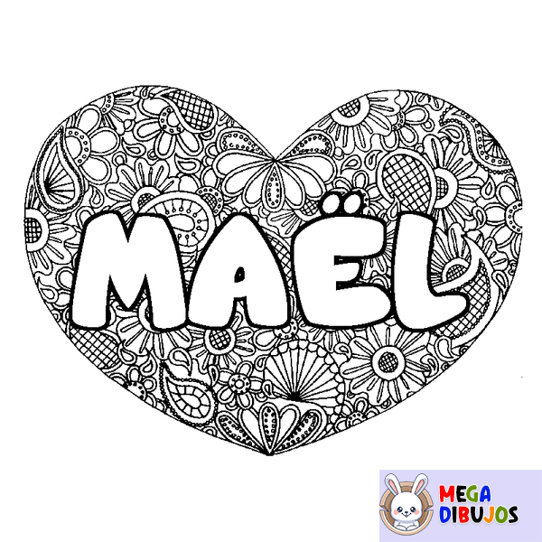 Coloraci&oacute;n del nombre MA&Euml;L - decorado mandala de coraz&oacute;n