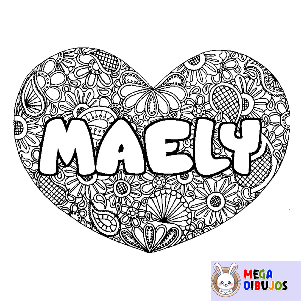 Coloraci&oacute;n del nombre MAELY - decorado mandala de coraz&oacute;n
