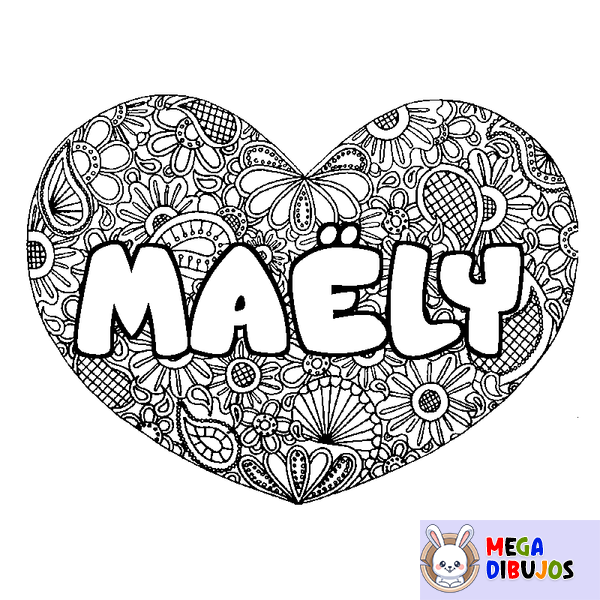 Coloraci&oacute;n del nombre MA&Euml;LY - decorado mandala de coraz&oacute;n