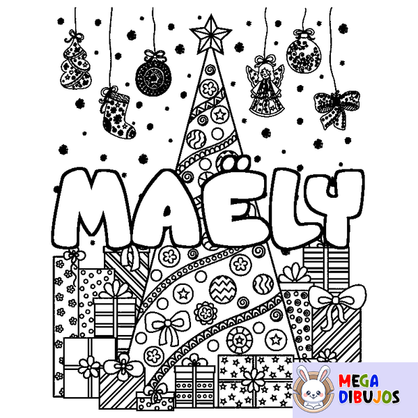 Coloraci&oacute;n del nombre MA&Euml;LY - decorado &aacute;rbol de Navidad y regalos