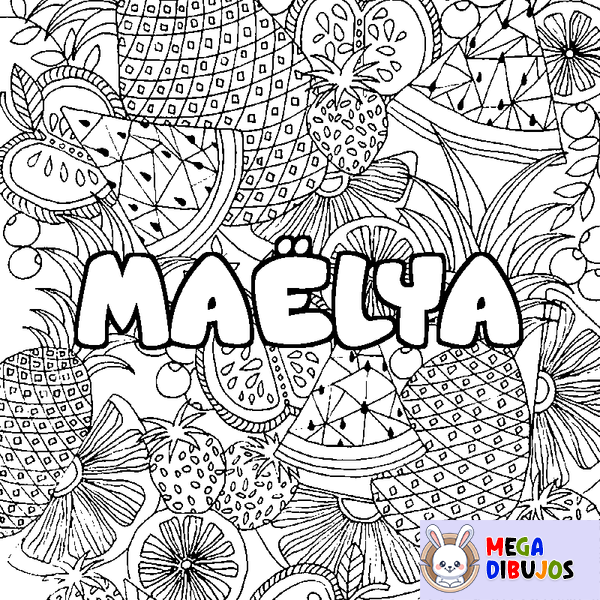 Coloraci&oacute;n del nombre MA&Euml;LYA - decorado mandala de frutas