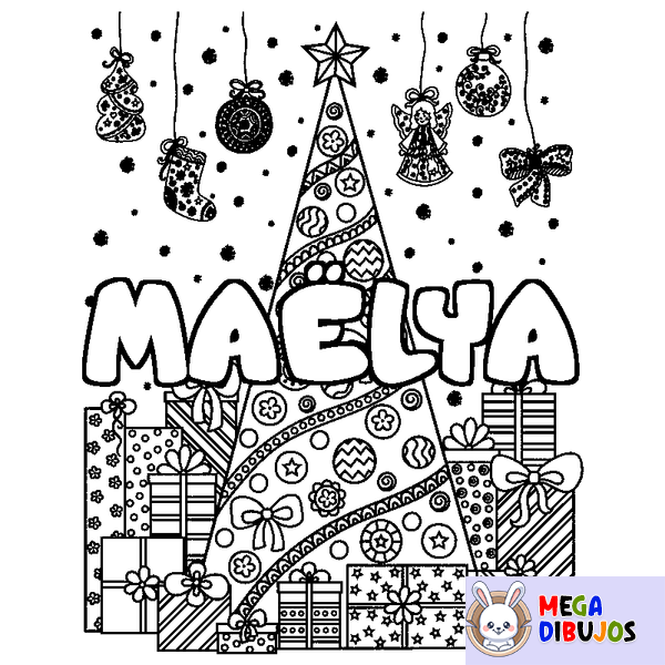 Coloraci&oacute;n del nombre MA&Euml;LYA - decorado &aacute;rbol de Navidad y regalos