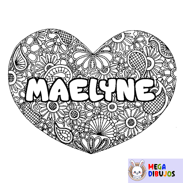 Coloraci&oacute;n del nombre MAELYNE - decorado mandala de coraz&oacute;n