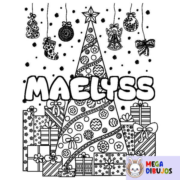 Coloraci&oacute;n del nombre MAELYSS - decorado &aacute;rbol de Navidad y regalos