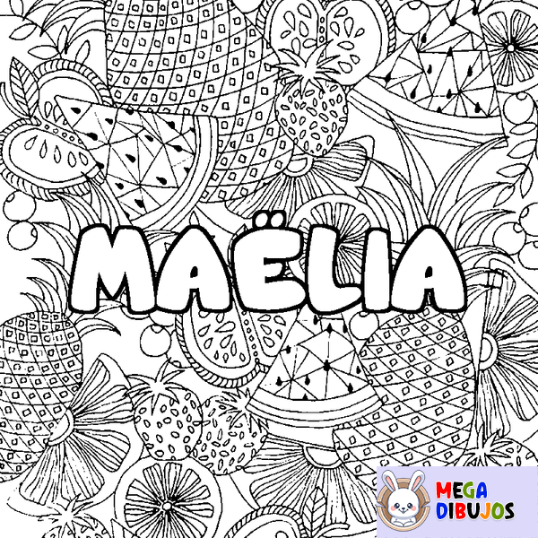 Coloraci&oacute;n del nombre MA&Euml;LIA - decorado mandala de frutas