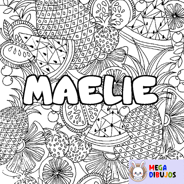 Coloraci&oacute;n del nombre MAELIE - decorado mandala de frutas