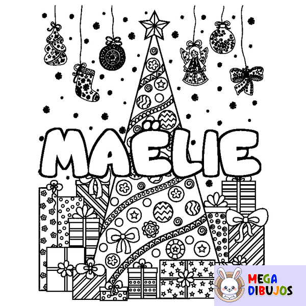Coloraci&oacute;n del nombre MA&Euml;LIE - decorado &aacute;rbol de Navidad y regalos