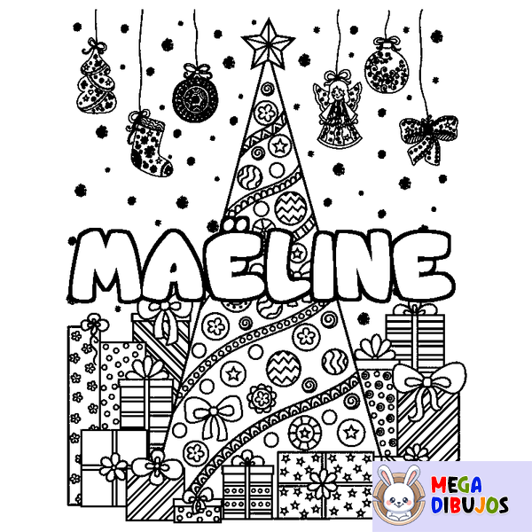 Coloraci&oacute;n del nombre MA&Euml;LINE - decorado &aacute;rbol de Navidad y regalos