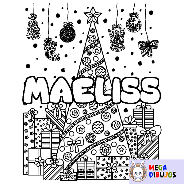 Coloraci&oacute;n del nombre MAELISS - decorado &aacute;rbol de Navidad y regalos