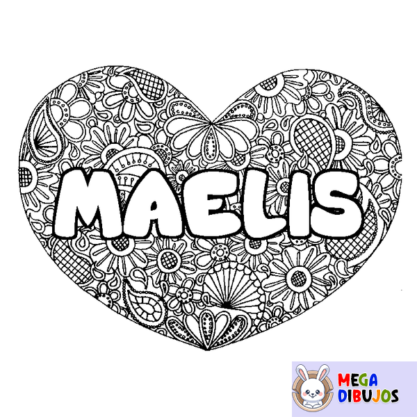 Coloraci&oacute;n del nombre MAELIS - decorado mandala de coraz&oacute;n