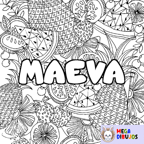 Coloraci&oacute;n del nombre MAEVA - decorado mandala de frutas