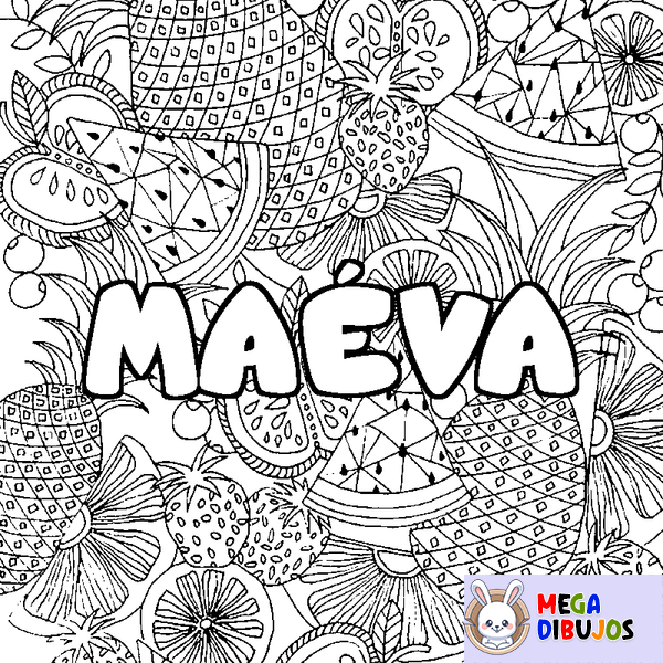 Coloraci&oacute;n del nombre MA&Eacute;VA - decorado mandala de frutas