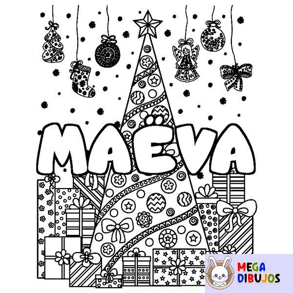 Coloraci&oacute;n del nombre MA&Euml;VA - decorado &aacute;rbol de Navidad y regalos