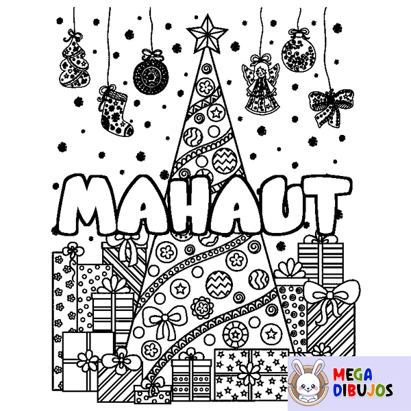 Coloraci&oacute;n del nombre MAHAUT - decorado &aacute;rbol de Navidad y regalos