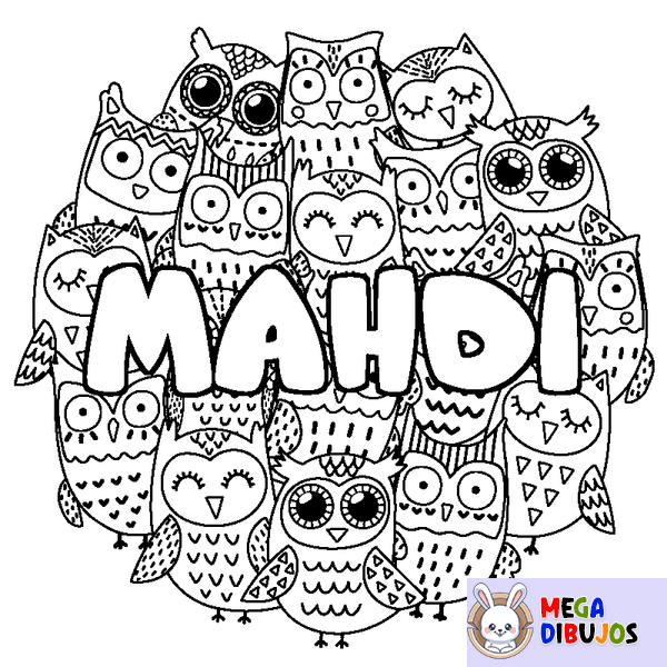 Coloraci&oacute;n del nombre MAHDI - decorado b&uacute;hos