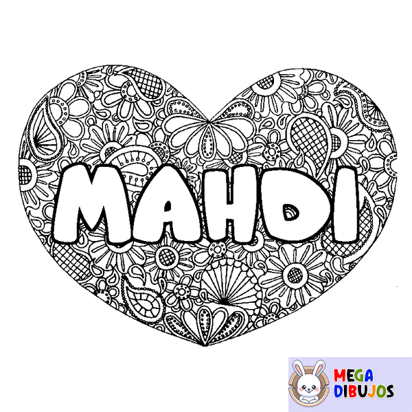 Coloraci&oacute;n del nombre MAHDI - decorado mandala de coraz&oacute;n