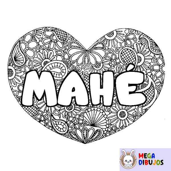 Coloraci&oacute;n del nombre MAH&Eacute; - decorado mandala de coraz&oacute;n