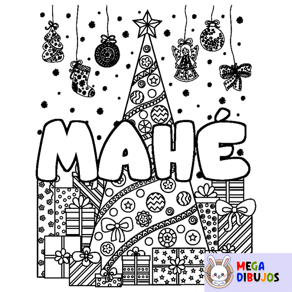 Coloraci&oacute;n del nombre MAH&Eacute; - decorado &aacute;rbol de Navidad y regalos