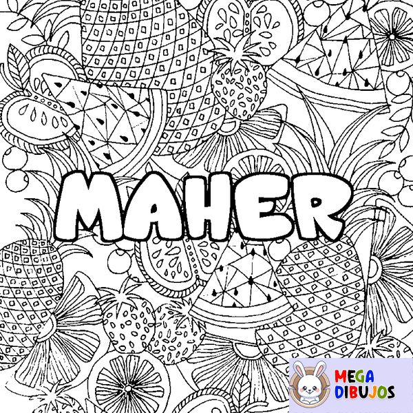 Coloraci&oacute;n del nombre MAHER - decorado mandala de frutas