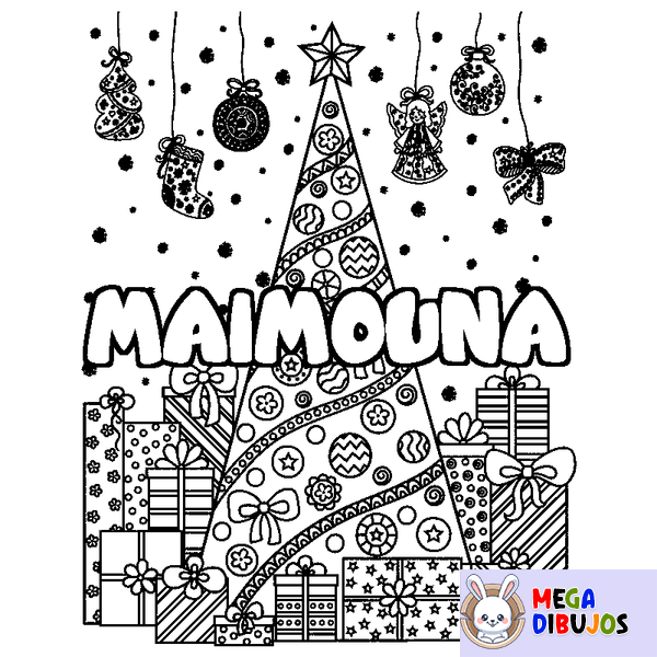 Coloraci&oacute;n del nombre MAIMOUNA - decorado &aacute;rbol de Navidad y regalos