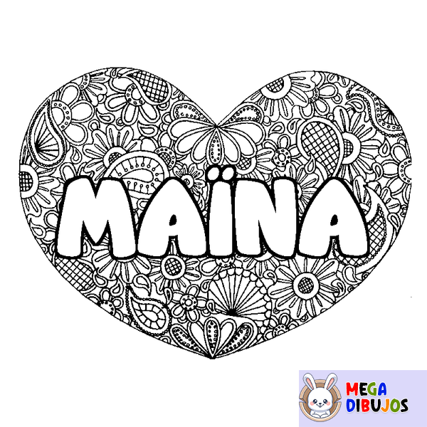 Coloraci&oacute;n del nombre MA&Iuml;NA - decorado mandala de coraz&oacute;n