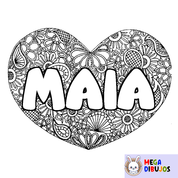 Coloraci&oacute;n del nombre MAIA - decorado mandala de coraz&oacute;n