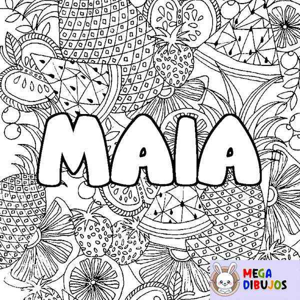Coloraci&oacute;n del nombre MAIA - decorado mandala de frutas
