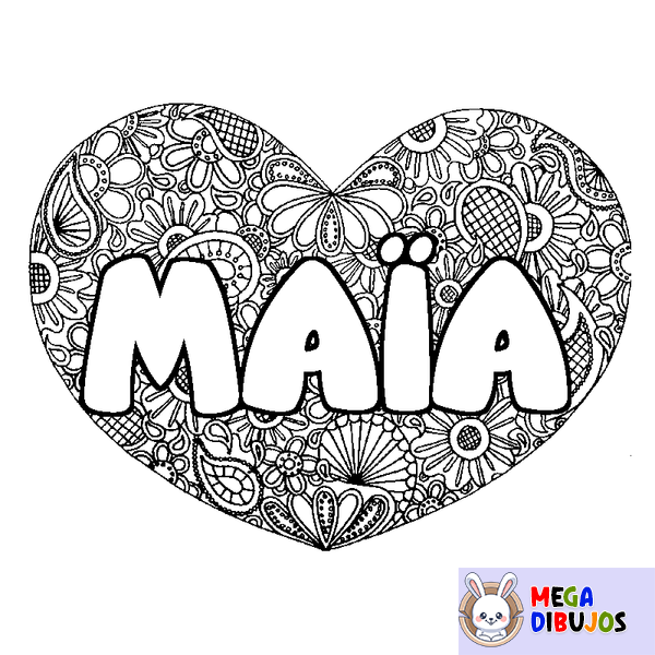 Coloraci&oacute;n del nombre MA&Iuml;A - decorado mandala de coraz&oacute;n