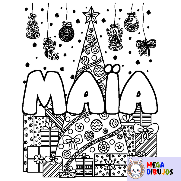 Coloraci&oacute;n del nombre MA&Iuml;A - decorado &aacute;rbol de Navidad y regalos