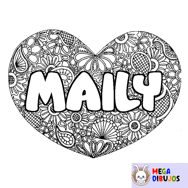 Coloraci&oacute;n del nombre MAILY - decorado mandala de coraz&oacute;n