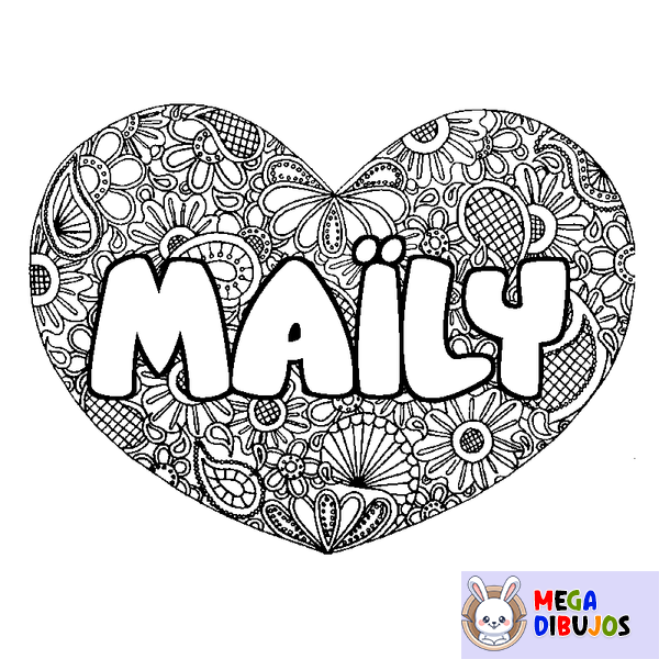 Coloraci&oacute;n del nombre MA&Iuml;LY - decorado mandala de coraz&oacute;n