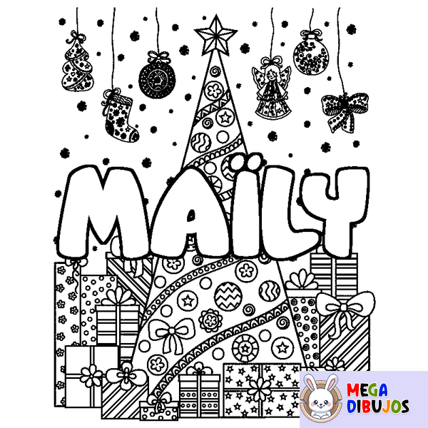 Coloraci&oacute;n del nombre MA&Iuml;LY - decorado &aacute;rbol de Navidad y regalos