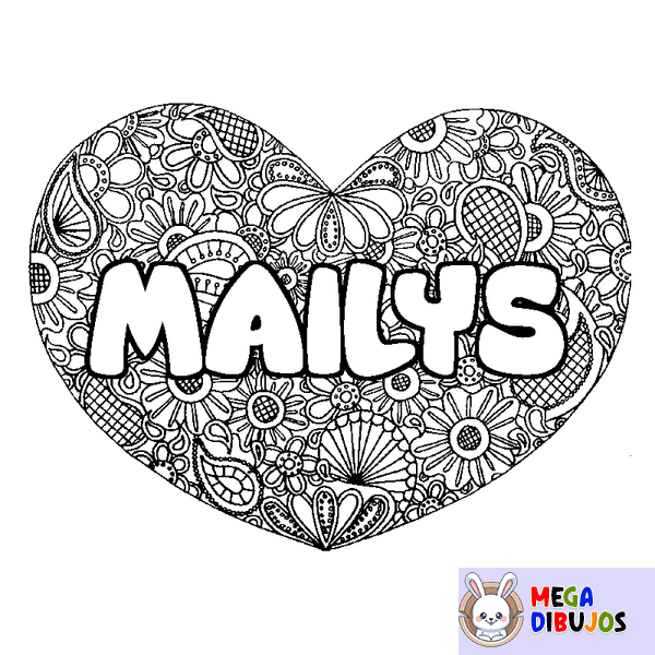 Coloraci&oacute;n del nombre MAILYS - decorado mandala de coraz&oacute;n