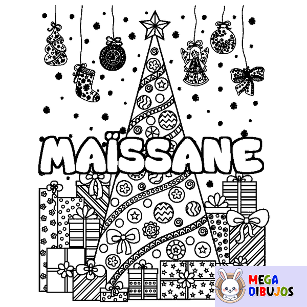 Coloraci&oacute;n del nombre MA&Iuml;SSANE - decorado &aacute;rbol de Navidad y regalos